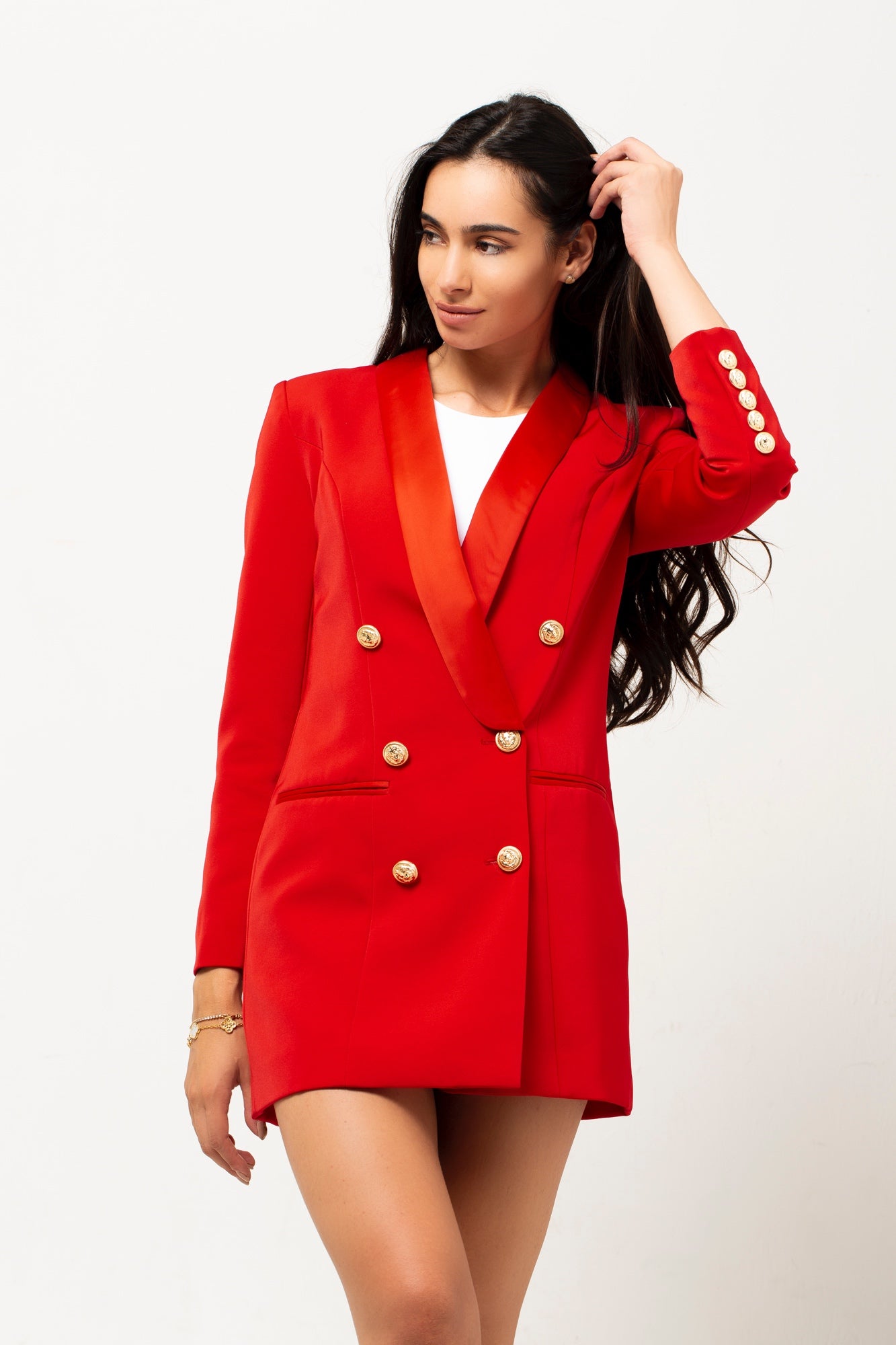 SATIN COLLAR BLAZER DRESS RED