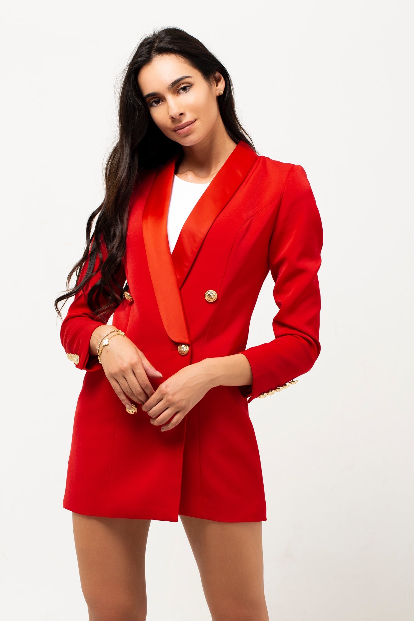 SATIN COLLAR BLAZER DRESS RED