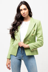 TEXTURED LIGHT GREEN GOLD BUTTON BLAZER