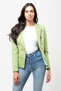 TEXTURED LIGHT GREEN GOLD BUTTON BLAZER