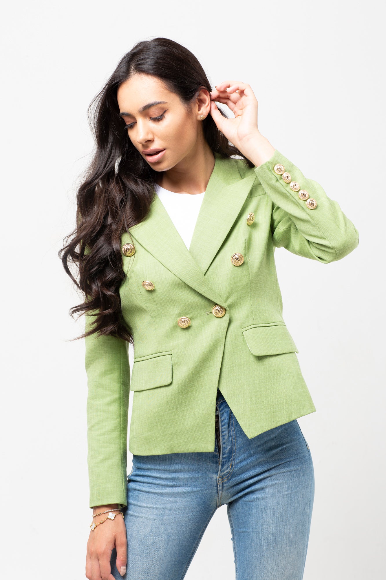 TEXTURED LIGHT GREEN GOLD BUTTON BLAZER