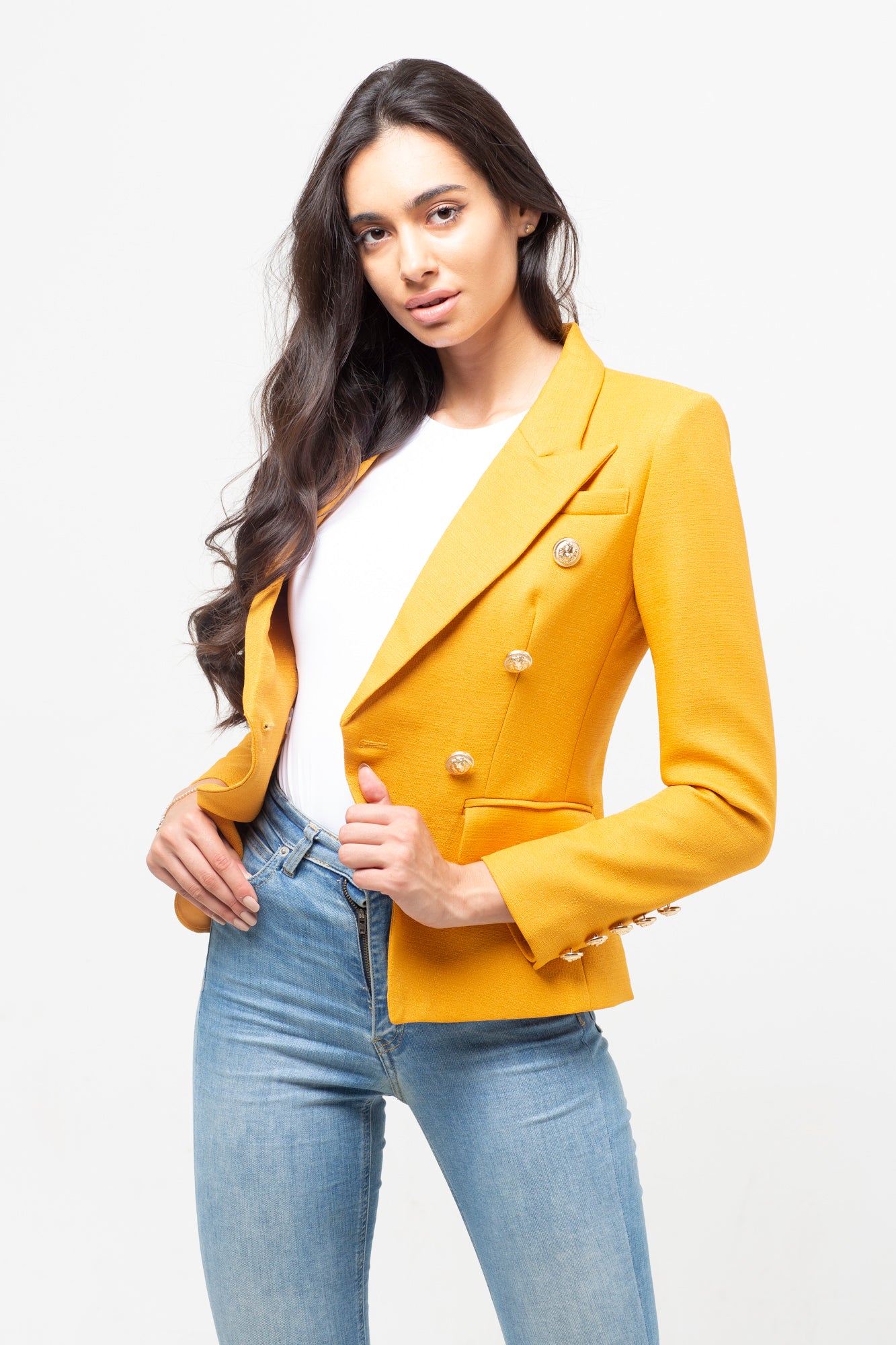 GOLD BUTTON TEXTURED BLAZER MUSTARD ORANGE