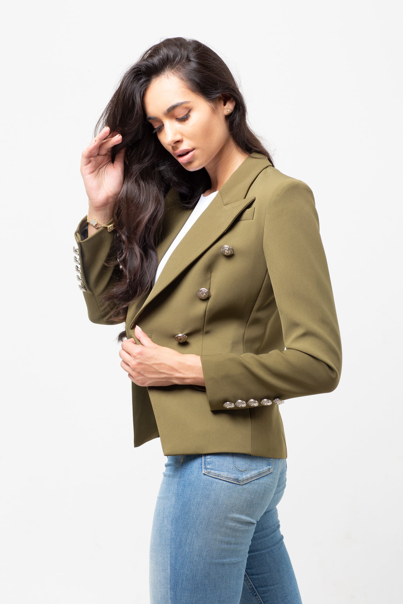 CLASSIC SILVER BUTTON BLAZER OLIVE