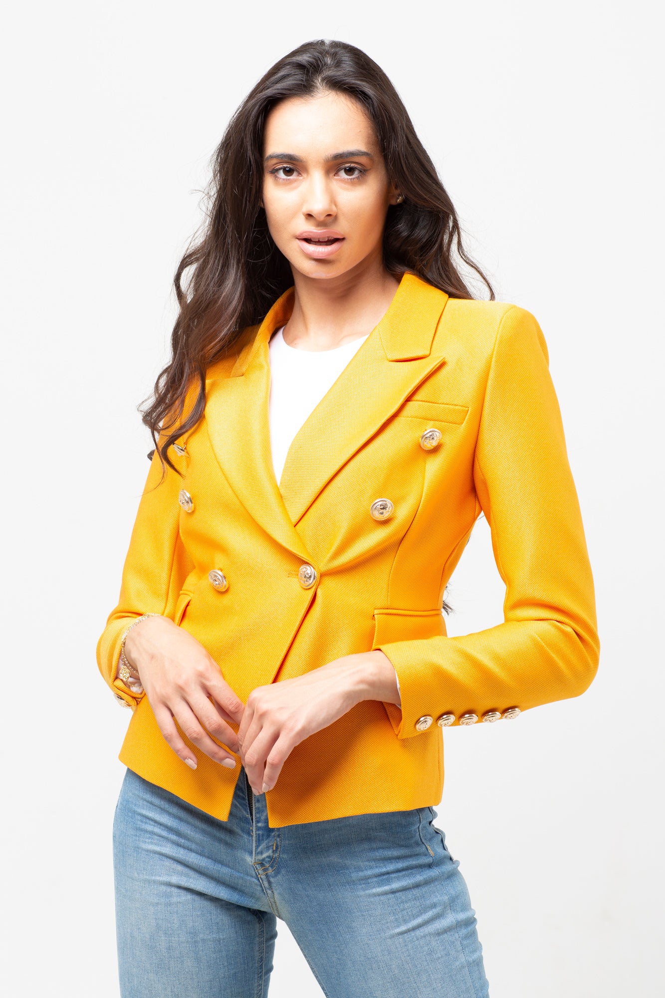 GOLD BUTTON TEXTURED BLAZER ORANGE