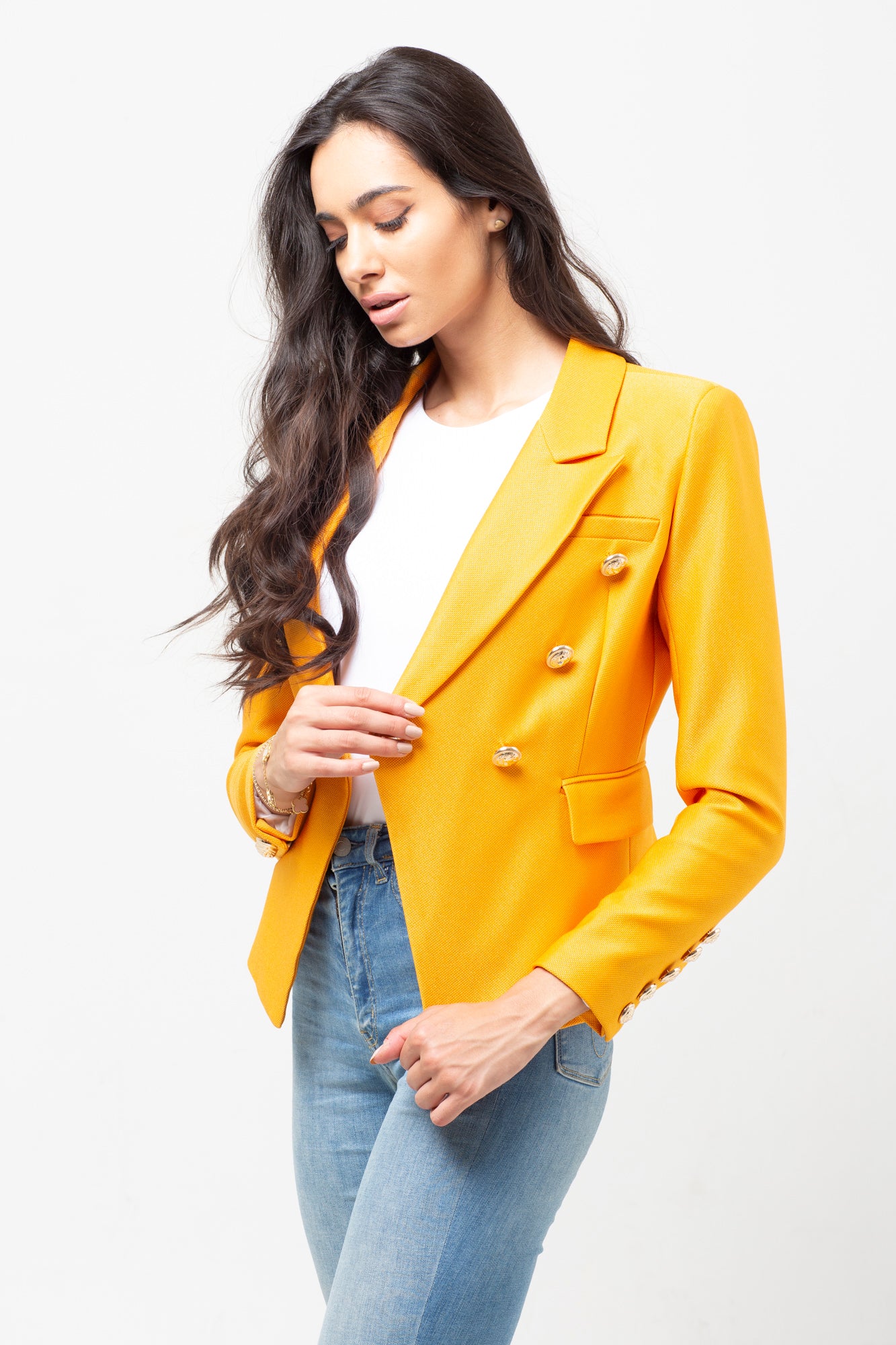 GOLD BUTTON TEXTURED BLAZER ORANGE