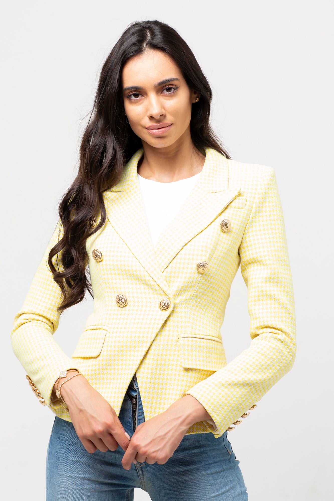 YELLOW/WHITE CHECK GOLD BUTTON BLAZER