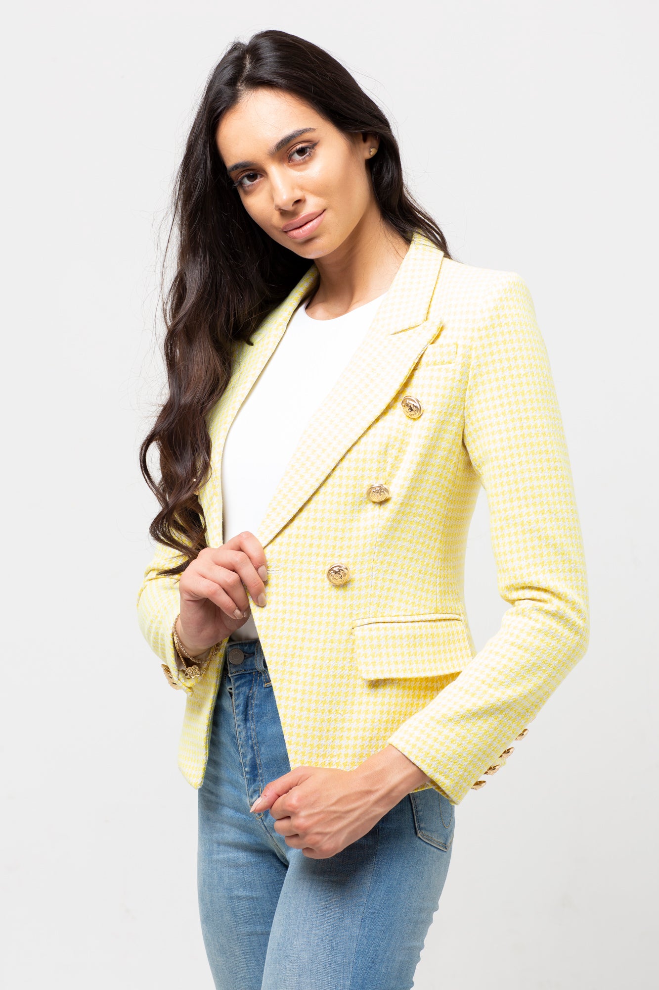 YELLOW/WHITE CHECK GOLD BUTTON BLAZER