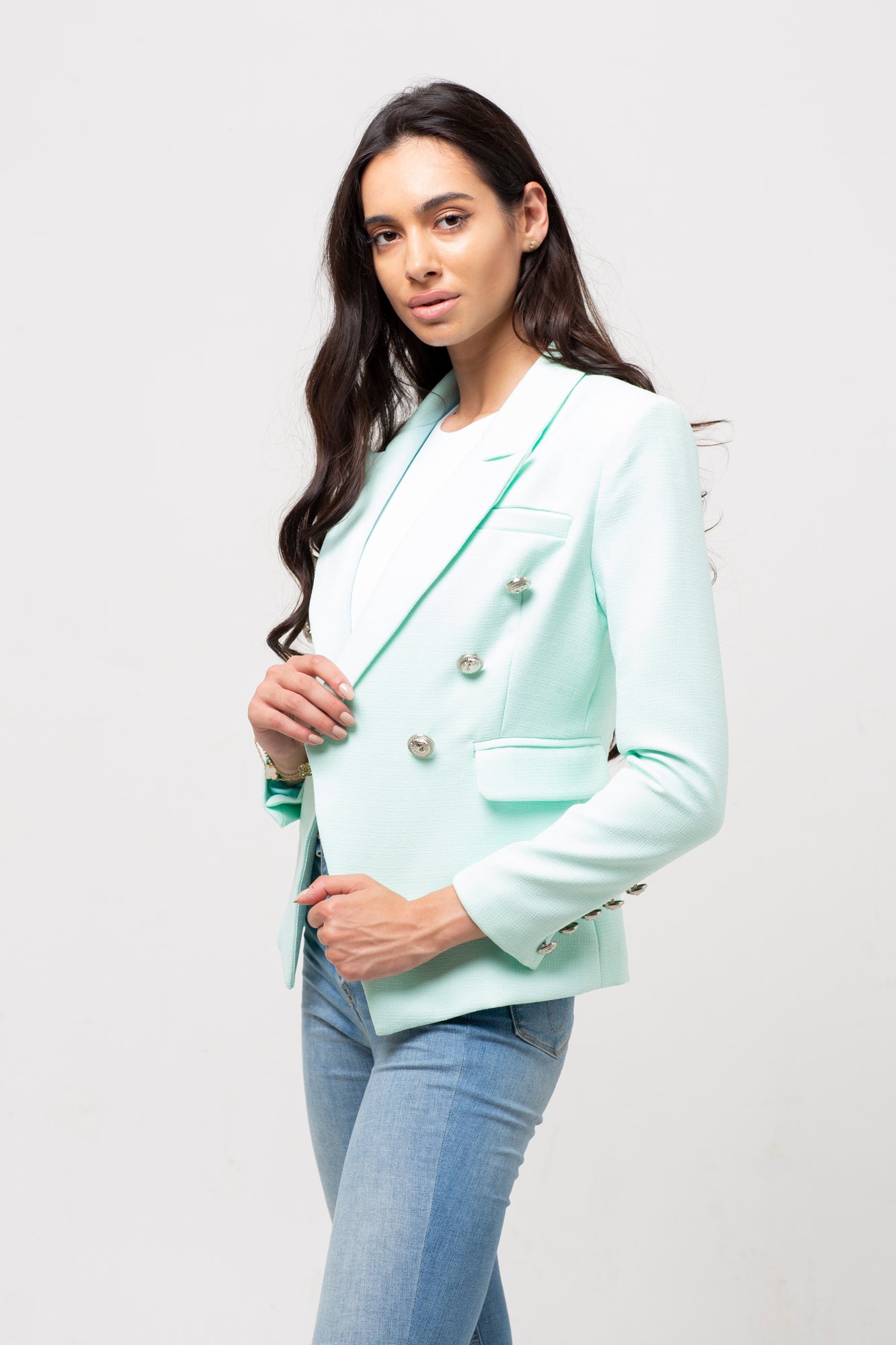 SILVER BUTTON TEXTURED BLAZER MINT