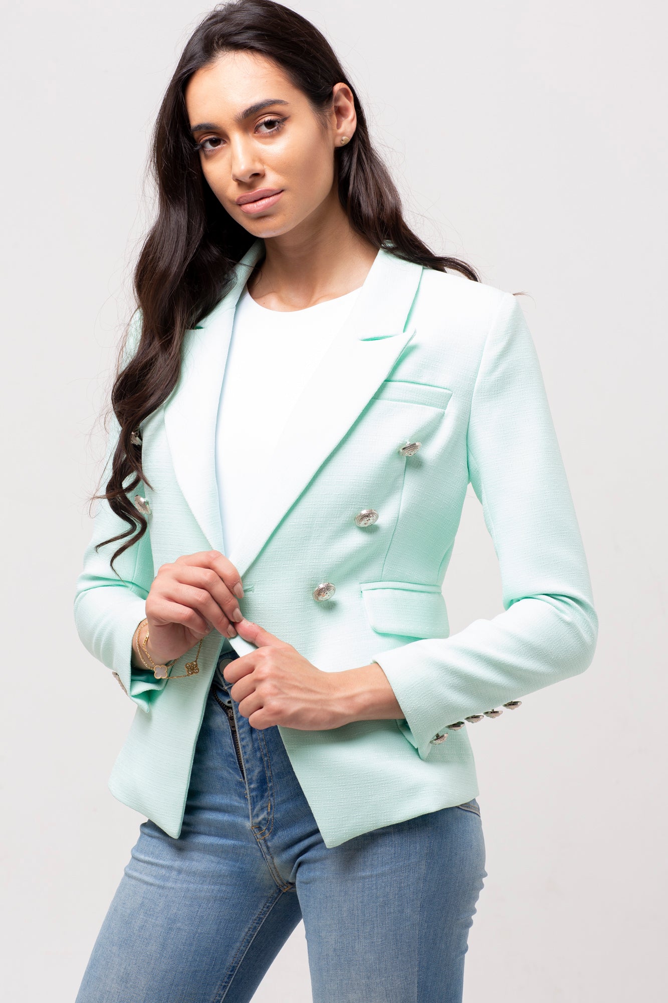 SILVER BUTTON TEXTURED BLAZER MINT