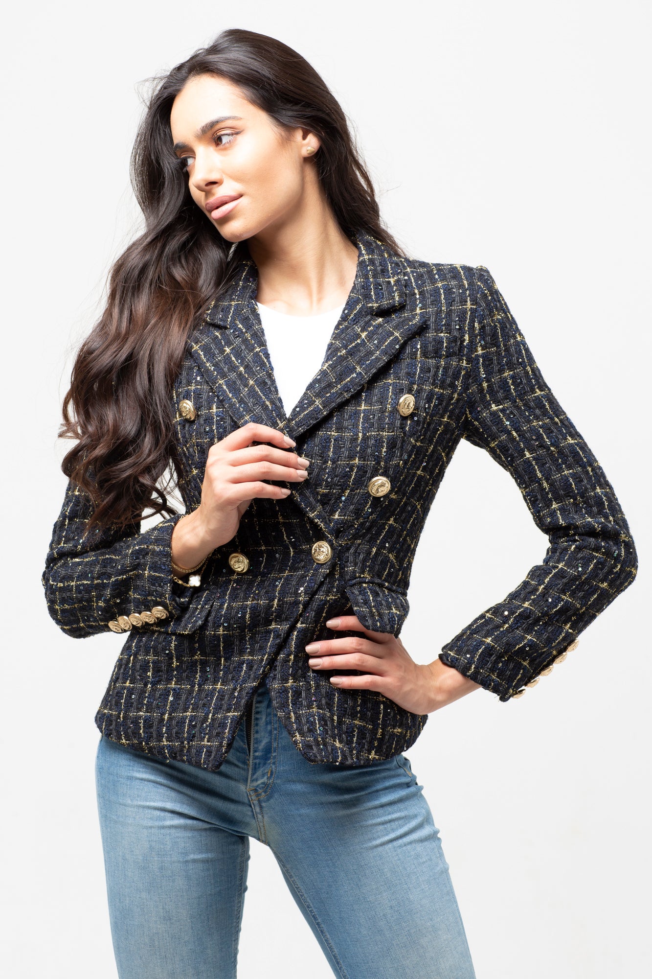 GREY MIX TWEED GOLD BUTTON BLAZER