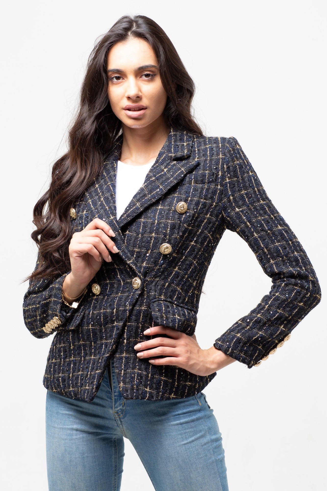 GREY MIX TWEED GOLD BUTTON BLAZER