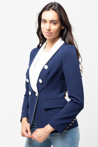 LONG LAPEL NAVY WHITE BUTTON BLAZER