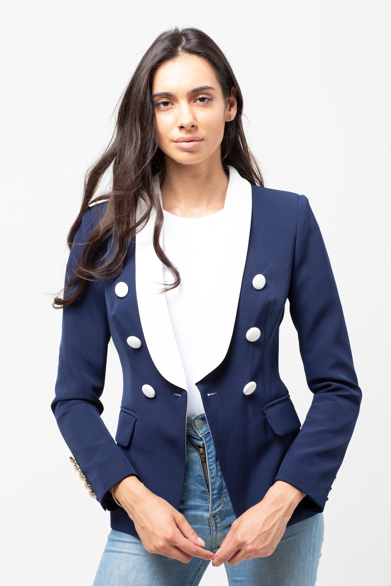 LONG LAPEL NAVY WHITE BUTTON BLAZER