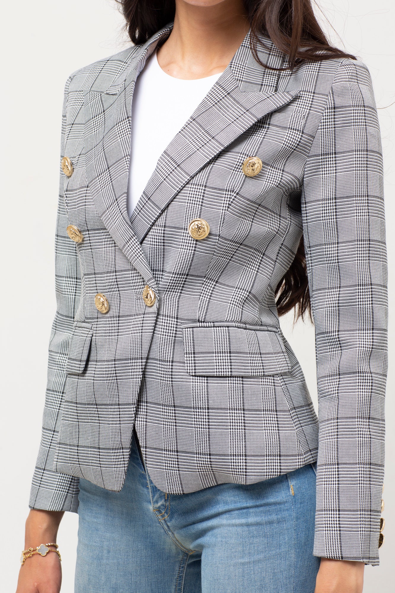 BLACK & WHITE PLAID BLAZER GOLD BUTTONS