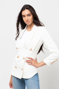 BELTED GOLD BUTTON BLAZER WHITE