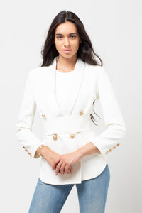 BELTED GOLD BUTTON BLAZER WHITE