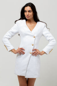 THREE GOLD BUTTON TWEED DRESS WHITE