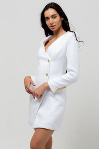 THREE GOLD BUTTON TWEED DRESS WHITE