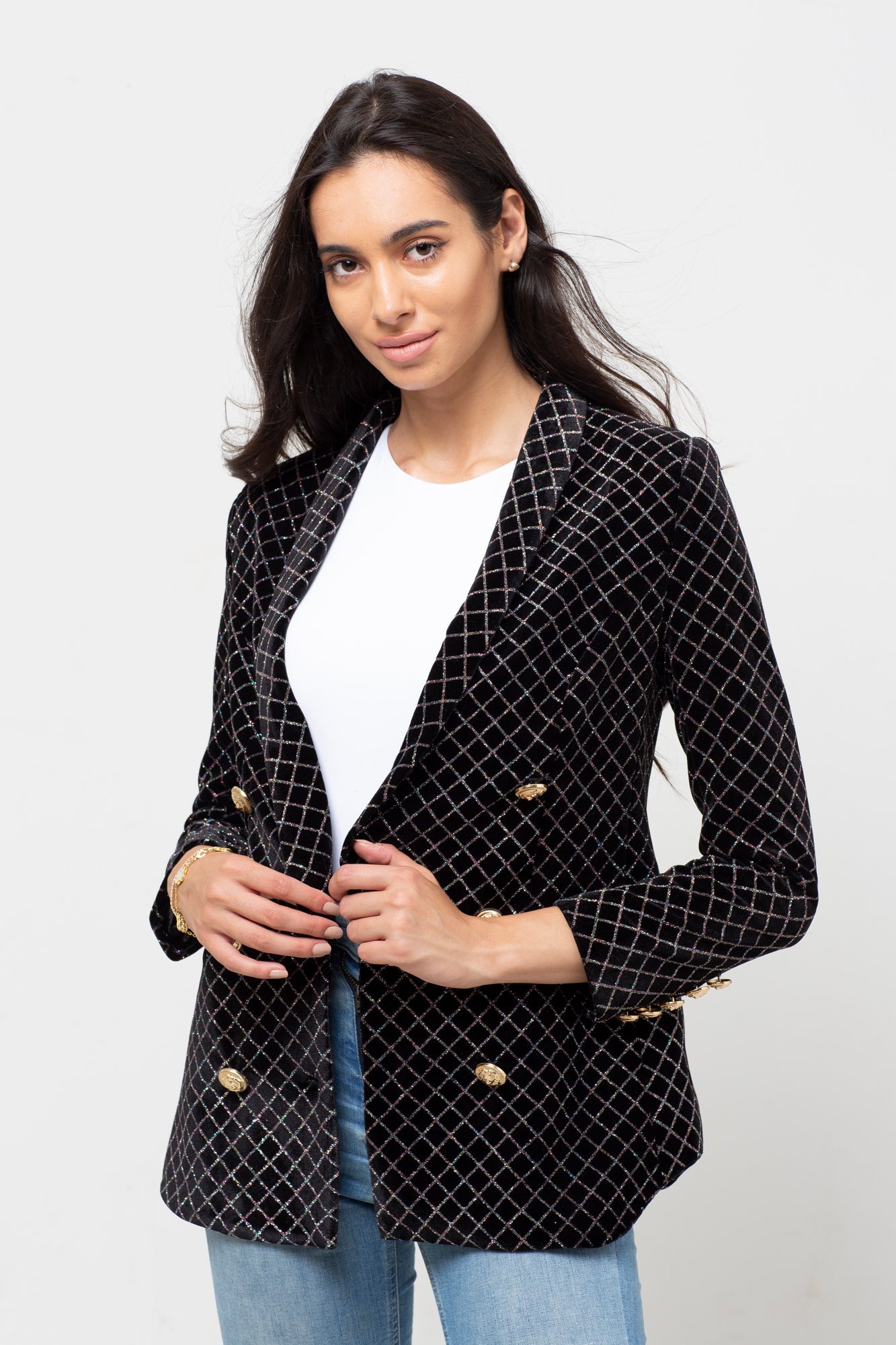 GLITTER VELVET GOLD BUTTON BLAZER BLACK