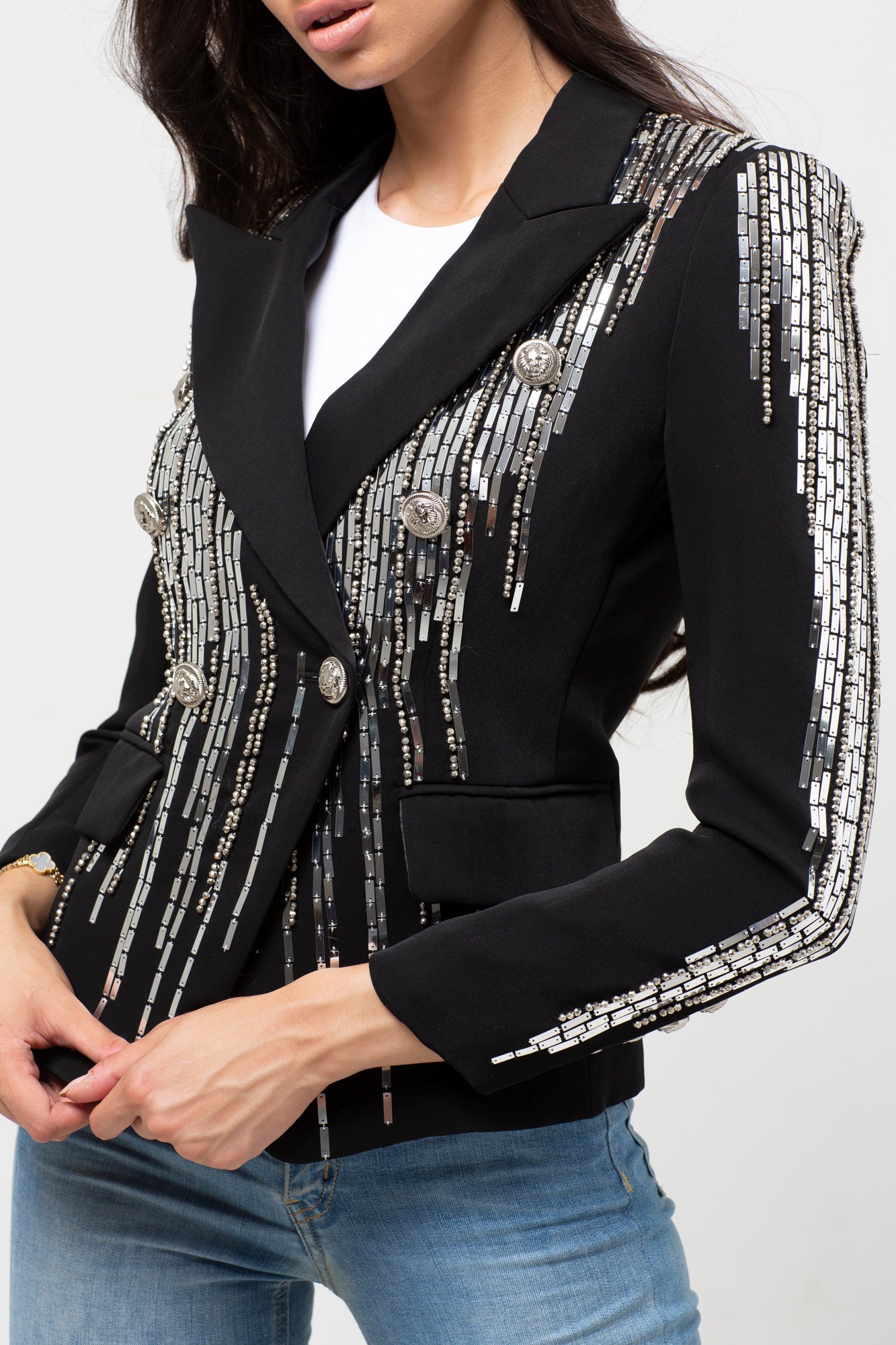 EMBELLISHED SILVER BUTTON BLAZER