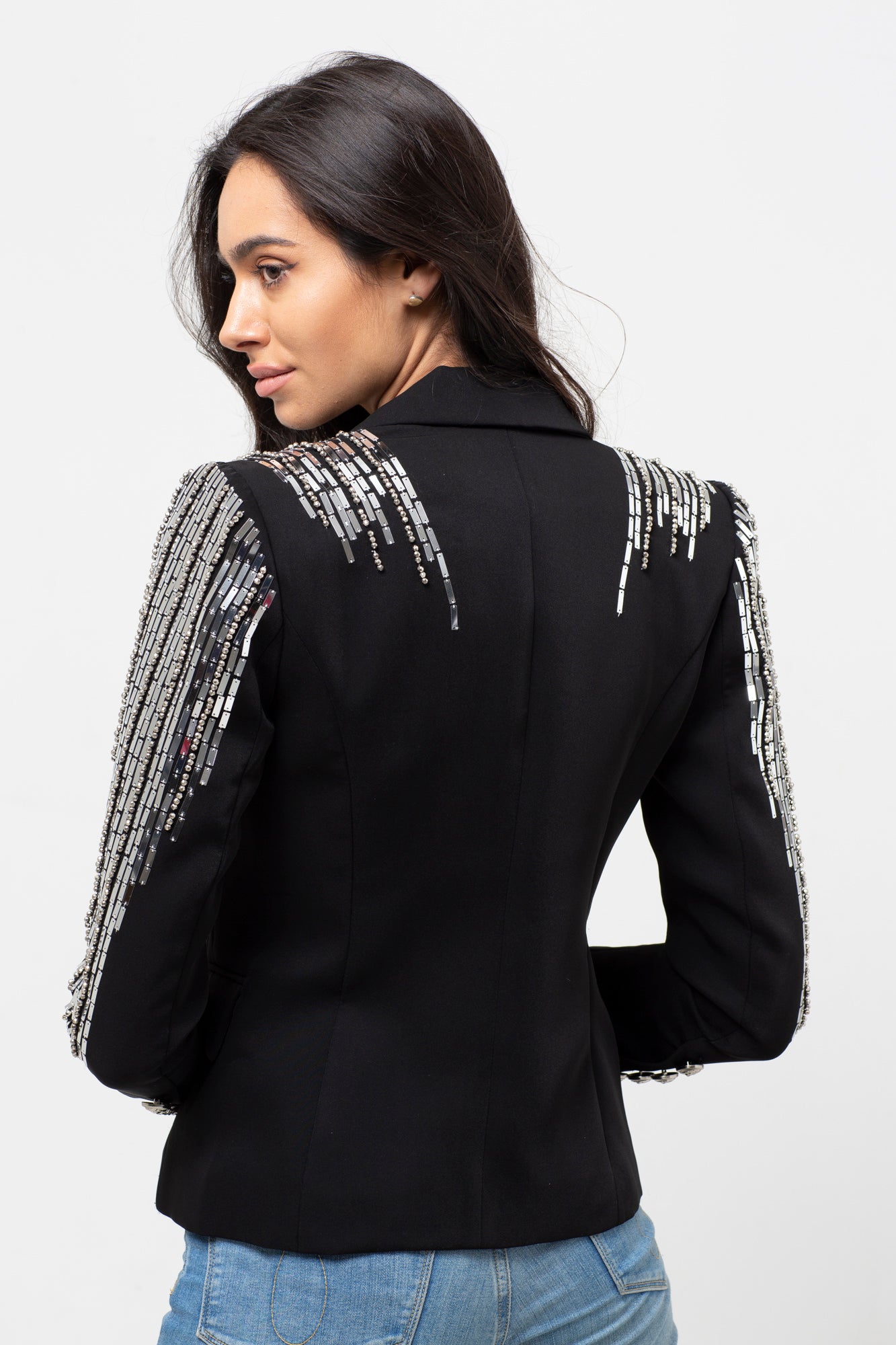 EMBELLISHED SILVER BUTTON BLAZER