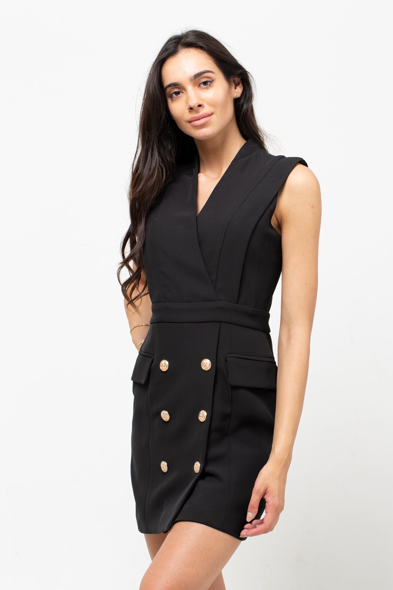 TUX FIT GOLD BUTTON DRESS BLACK